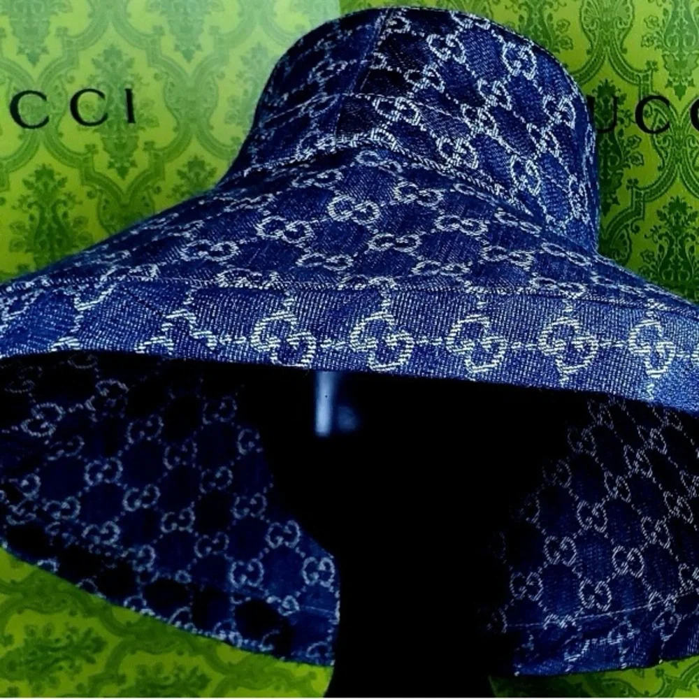 Denim Monogram Wide Large Brim Jacquard Bucket Hat Navy Blue Beach Sun Coverage - Picture 6 of 16